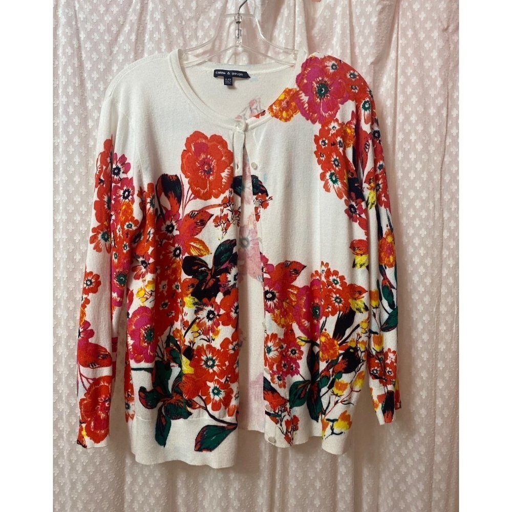 Cable & Gauge Bright Floral Grannycore Button front sweater, Women's XL